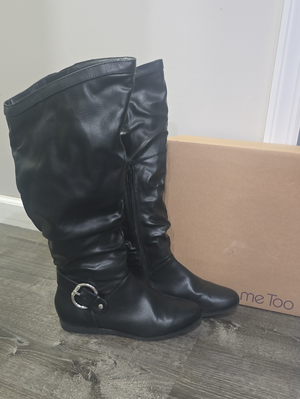 me too Black Mid-Calf "FONDA" Buckle Heeled Boots SZ 8